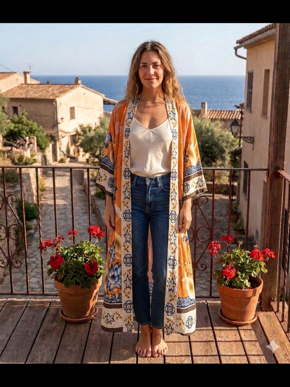 Yellow Floral Border Long Kimono